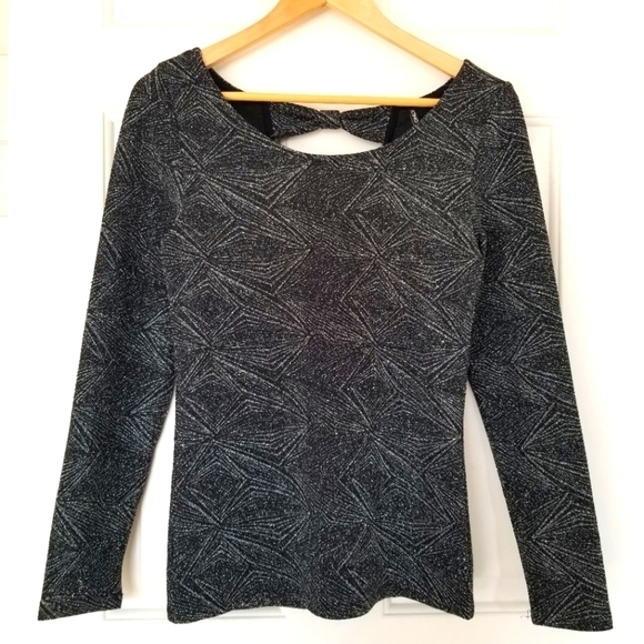 Only Black Sparkle Boat Neck Long Sleeve Cut-out Back Party Shirt - Picture 2 of 8